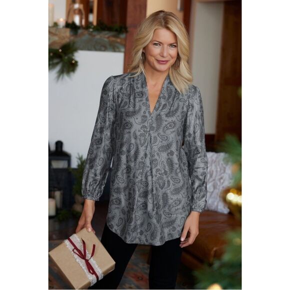 Soft Surroundings Tops - Soft Surroundings Top Size Medium New Hope Tunic Blouse Silver Paisley Metallic